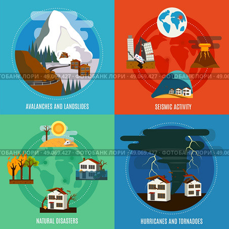 Natural Disaster 4 Flat Icons Set. Natural Disaster 4 flat icons square banner with seismic activity hurricanes and tornadoes abstract isolated vector illustration. Стоковая иллюстрация, агентство Ingram Publishing / Фотобанк Лори