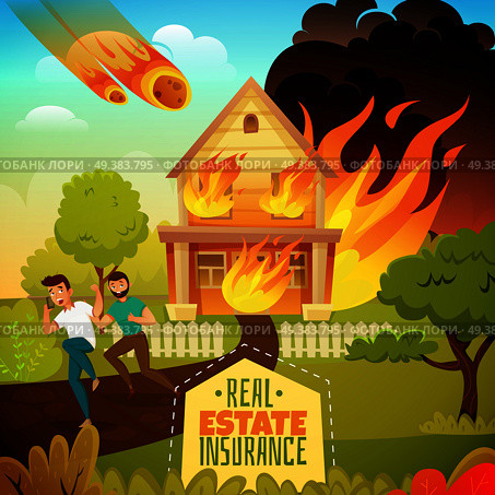 Natural disaster real estate insurance poster with running persons from burning house, falling of meteorite vector illustration. Natural Disaster Illustration. Стоковая иллюстрация, агентство Ingram Publishing / Фотобанк Лори