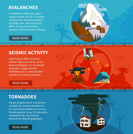 Natural Disasters Horizontal Banners. Natural disasters flat horizontal banners set with avalanches seismic activity and tornadoes vector illustration. Стоковая иллюстрация, агентство Ingram Publishing / Фотобанк Лори