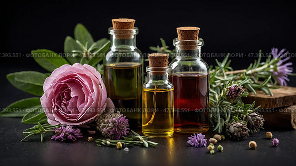 Natural essential oils with herbs and a flower on a dark background creating a calming and aromatic setting. Стоковое AI-изображение, AI-художник Сергей Толмачёв / Фотобанк Лори