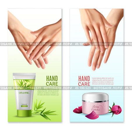 Natural Hand Cream 2 Realistic Banners . Natural hand creams with plants and rose buds extracts 2 vertical realistic banners with text isolated vector illustration . Стоковая иллюстрация, агентство Ingram Publishing / Фотобанк Лори