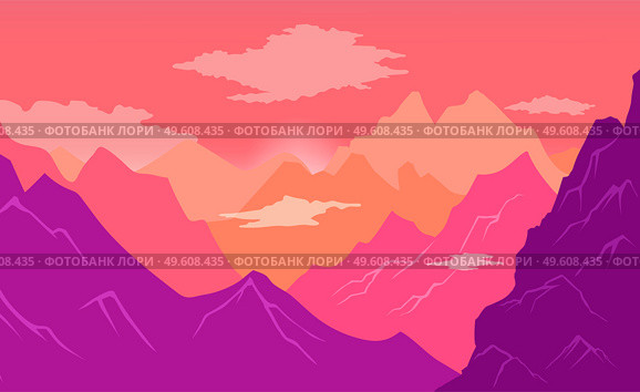 Natural landscape background with mountains, clear sky and clouds, sharp peaks and steep slopes high view. The rising sun illuminates the mountain peaks in lilac pink color. Beautiful nature panorama. Natural landscape background with mountains, clear sky and clouds, sharp peaks and steep slopes. Стоковая иллюстрация, агентство Ingram Publishing / Фотобанк Лори