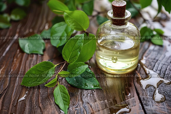 Natural tea tree oil being extracted on rustic wood surface. Стоковое AI-изображение, AI-художник Иван Рябоконь / Фотобанк Лори