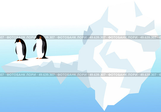 Nature landscape with penguins, icebergs and mountains. Antarctic climate, winter, cold weather. Flightless seabirds living in antarctica. Swimming birds, penguins, marine animals vector illustration. Nature landscape with penguins, ocean and icebergs. Flightless seabirds living in antarctica. Стоковая иллюстрация, агентство Ingram Publishing / Фотобанк Лори