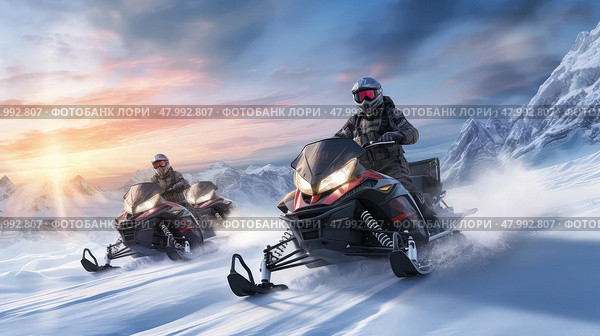 nature season vacation day snowmobiling ai generated. Стоковое AI-изображение, AI-художник Vectorwin / Фотобанк Лори