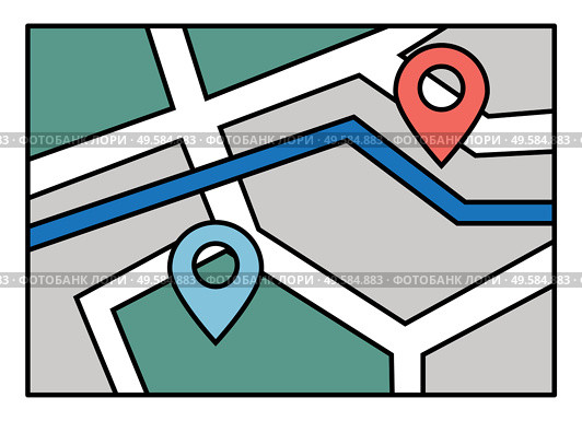 Navigation map for mobile phone application or computer app. Starting point and destination of route. System of finding easy and fast ways in new city. Touristic navigator, vector in flat style. Navigation Map with Destination and Start Vector. Стоковая иллюстрация, агентство Ingram Publishing / Фотобанк Лори