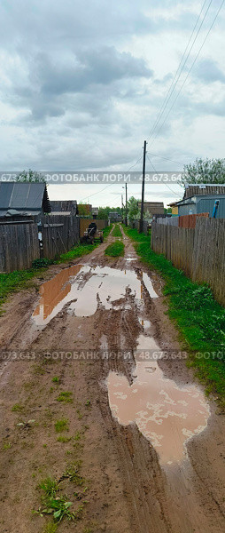 Неасфальтированная дорога с лужами и канавами вдоль садовых участковв селе. Стоковое фото, фотограф Светлана Русских / Фотобанк Лори