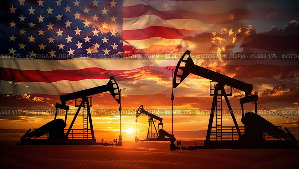 Нефтяные вышки с флагом США. Стоковое AI-изображение, AI-художник Александр Жуков / Фотобанк Лори