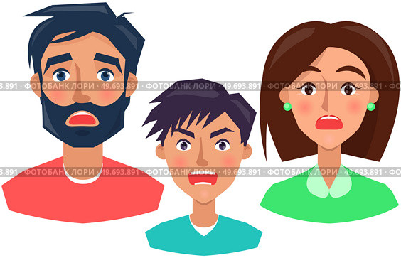 Negative person frowning face upset people. Family with emotion of indignation, calmness. Displeased face of female character. Unhappy man vector illustration. Expressing human emotion, discontent. Negative person frowning face upset people. Family with emotion of indignation, calmness expression. Стоковая иллюстрация, агентство Ingram Publishing / Фотобанк Лори