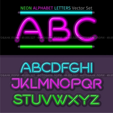 Neon alphabet font style flat design. Neon letters, neon sign, neon font, light alphabet, neon lights, art text typeset, type abc, typography electricity latin illustration. Стоковая иллюстрация, агентство Ingram Publishing / Фотобанк Лори