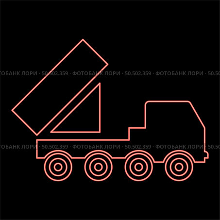 Neon reactive system volley fire salvo artillery American multiple launch on wheeled chassis high mobility army military truck red color vector illustration image flat style light. Neon reactive system volley fire salvo artillery American multiple launch on wheeled chassis high mobility army military truck air defense anti aircraft red color vector illustration image flat style. Стоковая иллюстрация, агентство Ingram Publishing / Фотобанк Лори