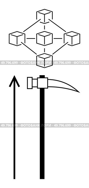 Network of interconnected cubes above a pickaxe represents blockchain mining. Ideal for technology, innovation, digital economy, decentralization, cryptocurrencies, growth, data management. Line. Blockchain Network Integration with Mining Symbolism and Growth Conceptualization. Стоковая иллюстрация, агентство Ingram Publishing / Фотобанк Лори