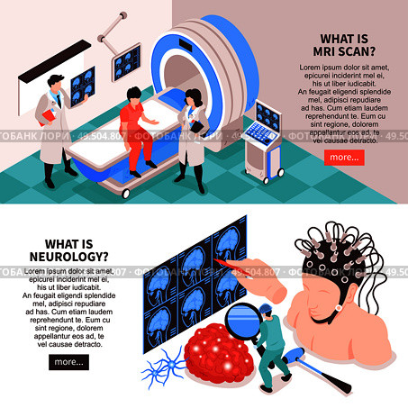 Neurological center website 2 isometric horizontal banners with mri scan test and brain research info vector illustration. Стоковая иллюстрация, агентство Ingram Publishing / Фотобанк Лори