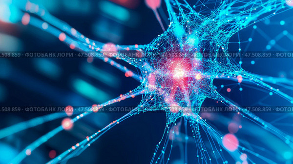 Neurological Network: Digital artwork depicting neuron, synapse connection, brain activity for science, tech, medical illustration. Стоковое AI-изображение, AI-художник Данила Большаков / Фотобанк Лори