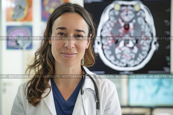 Neurologist smiling with brain scan in the background. Стоковое AI-изображение, AI-художник Иван Рябоконь / Фотобанк Лори
