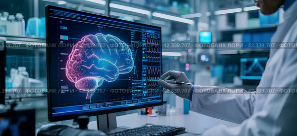 Neurosurgery, future, modern tech concept. Neurosurgeon review patient brain, on big screen monitor view, disease treatment. Стоковое AI-изображение, AI-художник Alexander Tihonovs / Фотобанк Лори