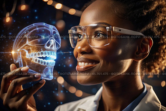 New digital artificial intelligence technologies in dental prosthetics. Implants. A black female dentist with a perfect smile and digital dental graphics on a virtual screen. The concept of dental health and dental care. Стоковое AI-изображение, AI-художник Photojuli / Фотобанк Лори
