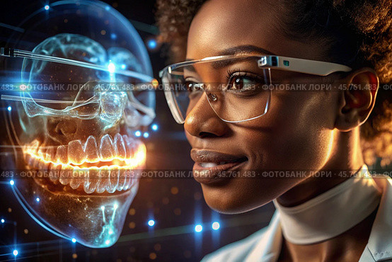 New digital artificial intelligence technologies in dental prosthetics. Implants. A black female dentist with a perfect smile and digital dental graphics on a virtual screen. The concept of dental health and dental care. Стоковое AI-изображение, AI-художник Photojuli / Фотобанк Лори