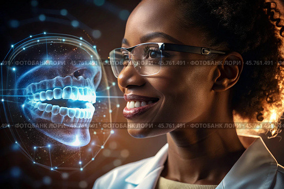 New digital artificial intelligence technologies in dental prosthetics. Implants. A black female dentist with a perfect smile and digital dental graphics on a virtual screen. The concept of dental health and dental care. Стоковое AI-изображение, AI-художник Photojuli / Фотобанк Лори