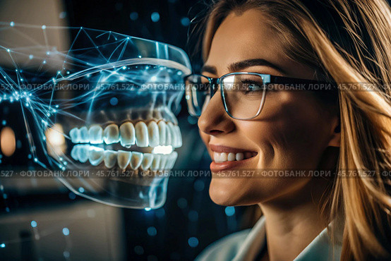 New digital artificial intelligence technologies in dental prosthetics. Implants. A female dentist with a perfect smile and digital dental graphics on a virtual screen. Стоковое AI-изображение, AI-художник Photojuli / Фотобанк Лори