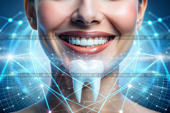New technologies in dental prosthetics. Implants. Close-up of a smiling woman with a healthy perfect smile. The concept of dental health and dental care. Стоковое AI-изображение, AI-художник Photojuli / Фотобанк Лори