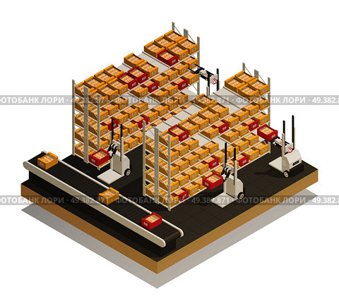 Newest fully automated supermarket and stores shelves replenishment technology isometric composition with conveyor products delivery vector illustration . Supermarket Shelves Replenishment Isometric Composition . Стоковая иллюстрация, агентство Ingram Publishing / Фотобанк Лори