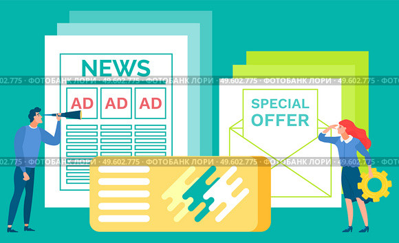 Newspaper with advertisements and text vector, people discovering special offer in letter. Woman with cogwheel, man looking at printed paper flat style. Special Offer, Advertisements Ads on Newspaper. Стоковая иллюстрация, агентство Ingram Publishing / Фотобанк Лори