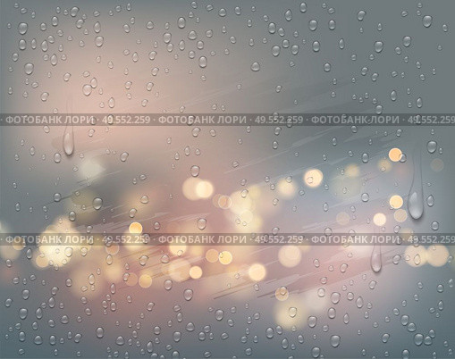 Night city lights view through a foggy window with raindrops. Vector illustration EPS10. Night city lights view through a foggy window with raindrops. Vector illustration. Стоковая иллюстрация, агентство Ingram Publishing / Фотобанк Лори
