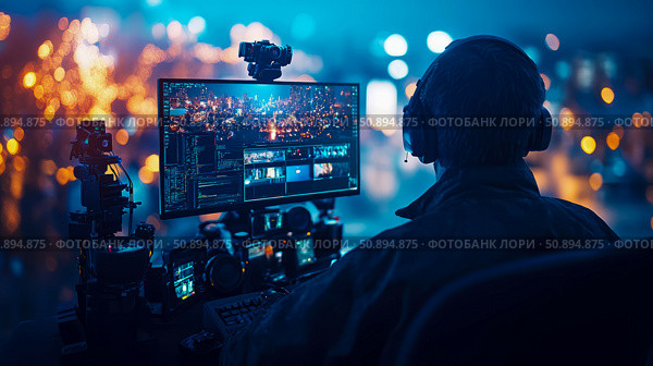 Night editing suite: A video editor immersed in a late-night project, illuminated by the glow of monitors displaying complex editing timelines. Стоковое AI-изображение, AI-художник Данила Большаков / Фотобанк Лори