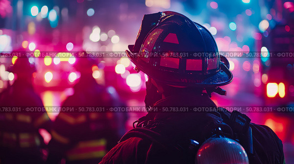 Night Emergency Responder: Silhouette of a Firefighter at a Night Incident. Стоковое AI-изображение, AI-художник Данила Большаков / Фотобанк Лори