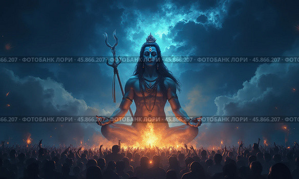 Night of Worship Dedicated to Lord Shiva With Devotees Gathered in Celebration and Reverence, Illuminated by Fire and Surrounded by Clouds. Стоковое AI-изображение, AI-художник Sergey Grishin / Фотобанк Лори