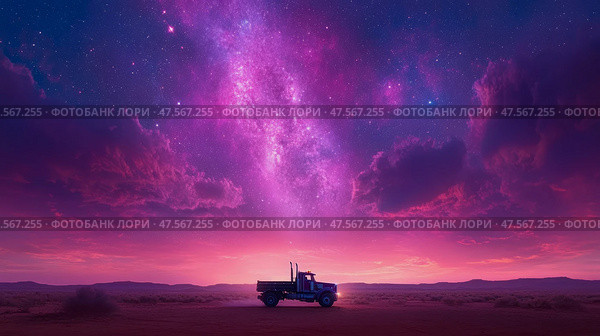 Night Rider: A solitary work vehicle against a vibrant nebula sky, traversing the boundless expanse of a desert at twilight. Стоковое AI-изображение, AI-художник Данила Большаков / Фотобанк Лори