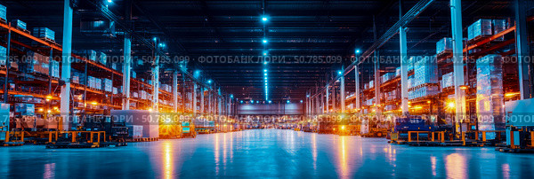 Night Scene of a Modern, Illuminated Warehouse with Automated Guided Vehicles. Стоковое AI-изображение, AI-художник Данила Большаков / Фотобанк Лори