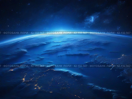 Night view of the Earth from a satellite. Space. Planet in the universe. Стоковое AI-изображение, AI-художник Сергей Елизарьев / Фотобанк Лори