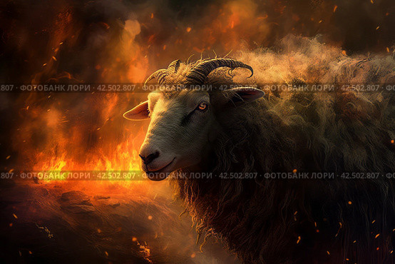 Nightmare sheep with orange fire flames. Generate ai. Стоковое AI-изображение, AI-художник Иван Рябоконь / Фотобанк Лори