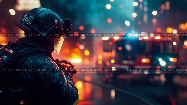 Nighttime Firefighter Action: A First Responder's Perspective. Стоковое AI-изображение, AI-художник Данила Большаков / Фотобанк Лори