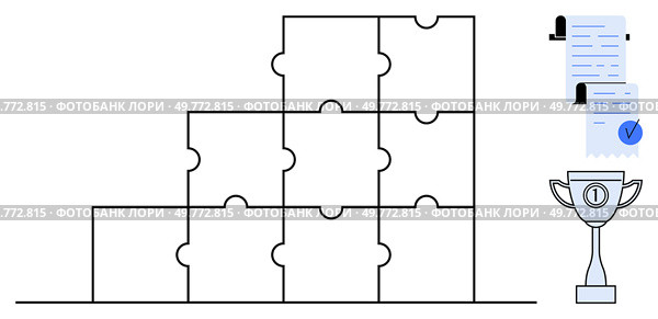 Nine interlocking puzzle pieces in a stepped arrangement, accompanied by a ribboned document and a trophy. Ideal for teamwork, achievement, success, goal completion, and recognition. Simple. Puzzle Pieces with Trophy and Document for Achievement and Success. Стоковая иллюстрация, агентство Ingram Publishing / Фотобанк Лори