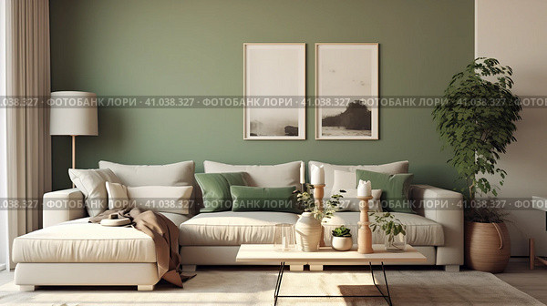 nordic style interior design, modern lounge, sage green and cream high resolution. Generative AI. Стоковое AI-изображение, AI-художник Ирина Ручушкина / Фотобанк Лори