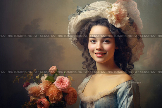 Nostalgia for old Paris: Acryl photo effect of young French woman with flowers, 18th century. Стоковое AI-изображение, AI-художник Veniamin Kraskov / Фотобанк Лори