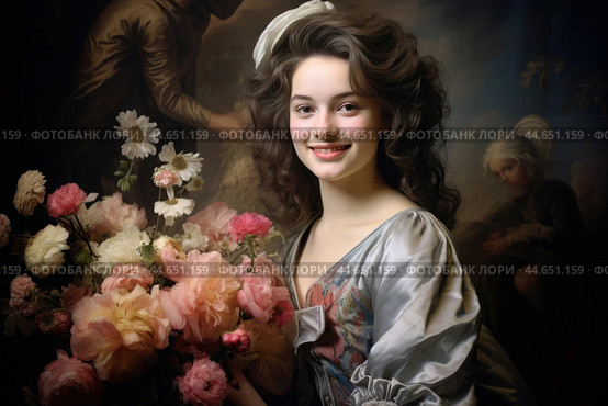 Nostalgia for old Paris: Acryl photo effect of young French woman with flowers, 18th century. Стоковое AI-изображение, AI-художник Veniamin Kraskov / Фотобанк Лори