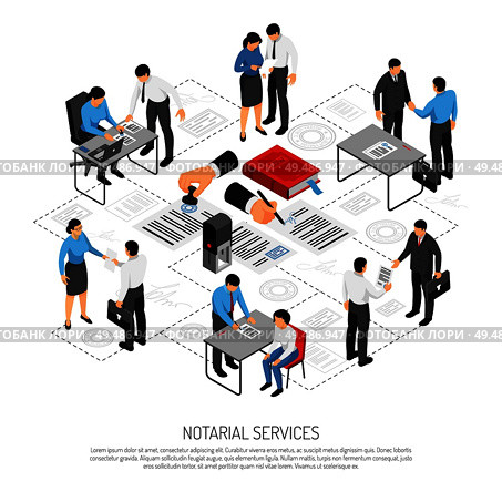 Notarial services isometric composition with persons during execution of documents on white background vector illustration. Стоковая иллюстрация, агентство Ingram Publishing / Фотобанк Лори