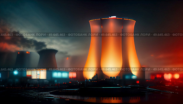 Nuclear plant chimney illuminated in night illustration, nuclear energie industry concept. Nuclear plant illustration. Стоковое фото, агентство Ingram Publishing / Фотобанк Лори