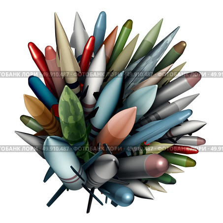 Nuclear weapon bombs and missile stack isolated on a white background as a group of nukes and threatening bomb objects as a group of ballistic explosive devices stacked ready for destruction and war as a 3D illustration. Стоковое фото, агентство Ingram Publishing / Фотобанк Лори