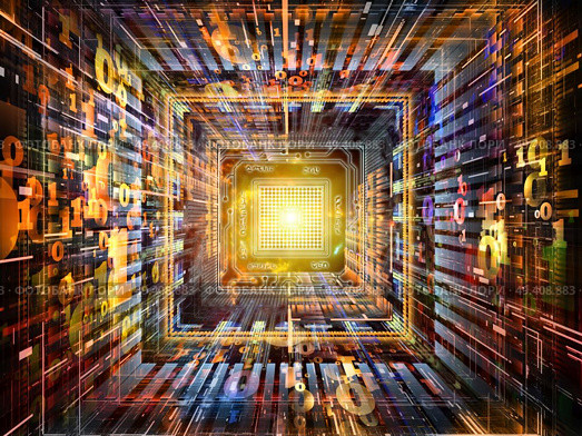 Number Tunnel series. Composition of CPU chip, colorful numbers and fractal elements in perspective on the subject of computers, mathematics, science and education. Стоковое фото, агентство Ingram Publishing / Фотобанк Лори