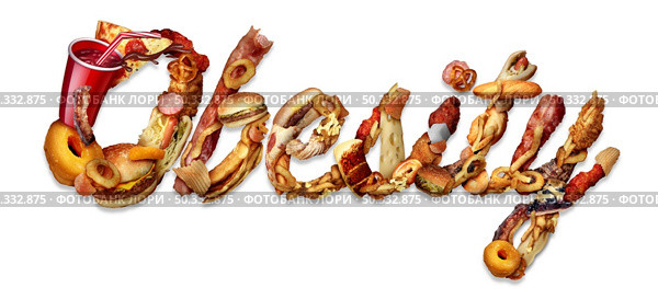 Obesity and obese symbol as text shaped with junk food or very fatty snacks that are high in calories in an unhealthy high fat sedentary lifestyle with 3D illustration elements. Стоковое фото, агентство Ingram Publishing / Фотобанк Лори