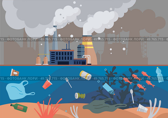 Ocean pollution vector illustration. The destruction aquatic habitats is consequence ongoing ocean contamination Damage to environment is evident in dirty and polluted state ocean The ocean pollution. Ocean pollution. The eco-conscious community strives to combat problem ocean contamination. Стоковая иллюстрация, агентство Ingram Publishing / Фотобанк Лори