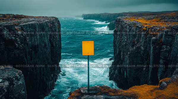 Oceanic chasm with a blank yellow signpost: dramatic coastal scenery featuring rugged cliffs, turbulent waters, and a solitary, unlabeled warning sign. Стоковое AI-изображение, AI-художник Данила Большаков / Фотобанк Лори