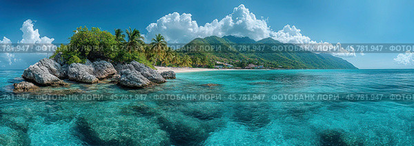 Очаровательная фотография тропического рая: белоснежный пляж, лазурная вода и яркое солнце. Стоковое AI-изображение, AI-художник Ярославский Максим / Фотобанк Лори