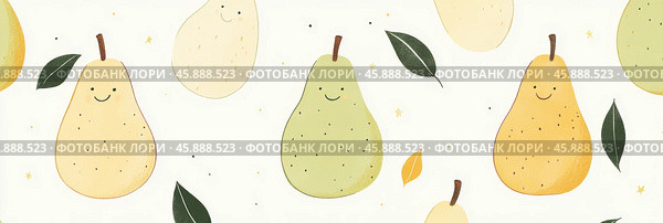 Очаровательный рисунок с улыбающимися грушами в приглушенных зеленых и желтых тонах — идеальный вариант для весенних и летних дизайнерских проектов. Стоковое AI-изображение, AI-художник ФотоИнтеллект / Фотобанк Лори