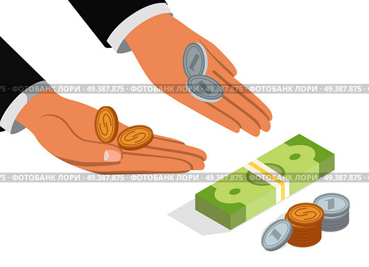 Offer of money isometric projection concept. Businessman hands point to banknotes pack and stack of coins vector on white. Loan proposition, donation or salary 3d illustration for business concept. Offer of Money Isometric Projection Concept. Стоковая иллюстрация, агентство Ingram Publishing / Фотобанк Лори